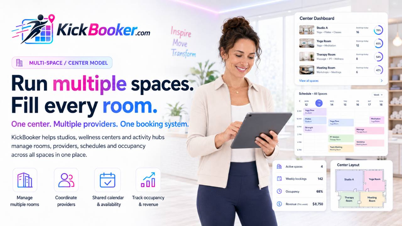 KickBooker model for a multi-space activity center